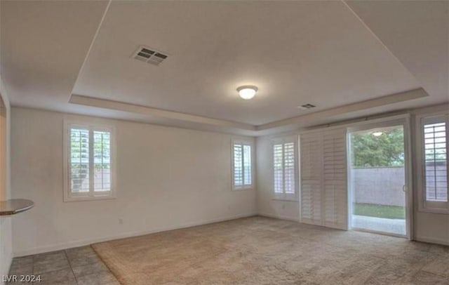 unfurnished room with a tray ceiling