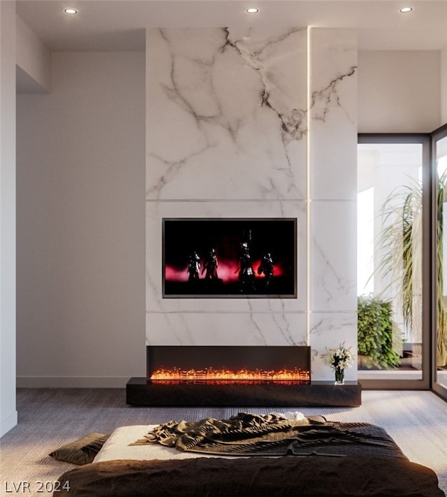 interior details with carpet flooring and a premium fireplace