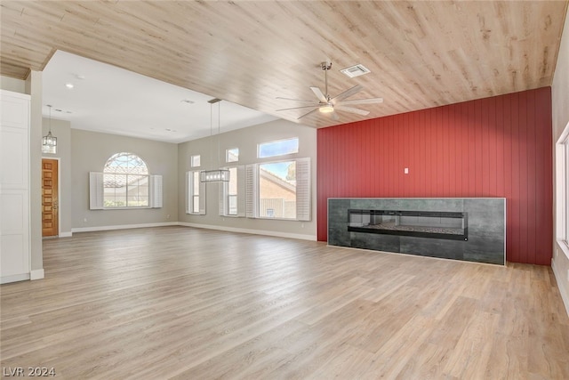 unfurnished living room featuring wooden ceiling, ceiling fan with notable chandelier, and light wood-type flooring