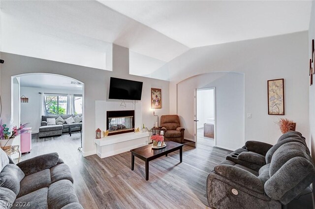 living room featuring a multi sided fireplace, lofted ceiling, and wood-type flooring