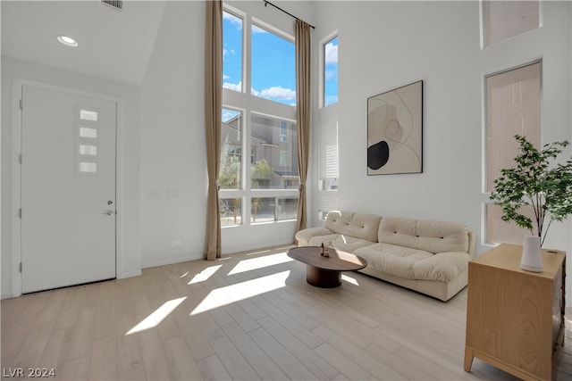 living room with a towering ceiling and light hardwood / wood-style flooring