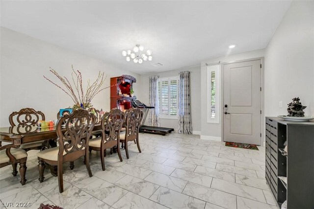 8373 Bartholomew Park Ct, Las Vegas, NV 89139 - dining space featuring marble finish floor, an inviting chandelier, and recessed lighting