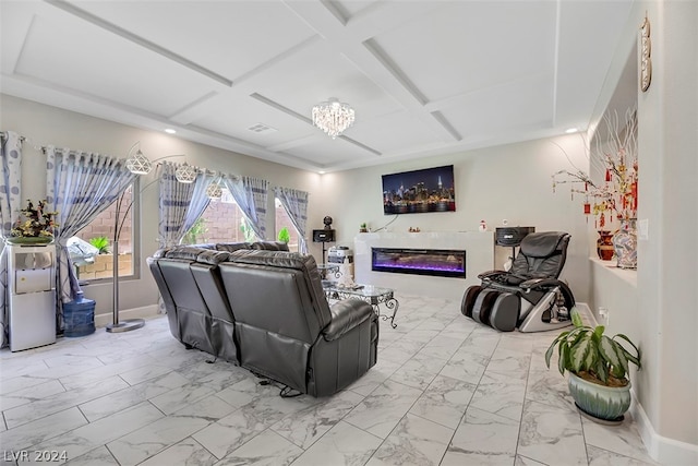 tiled living room featuring a notable chandelier and coffered ceiling