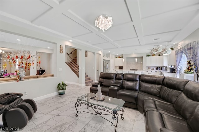 living room featuring a notable chandelier, coffered ceiling, and light tile flooring