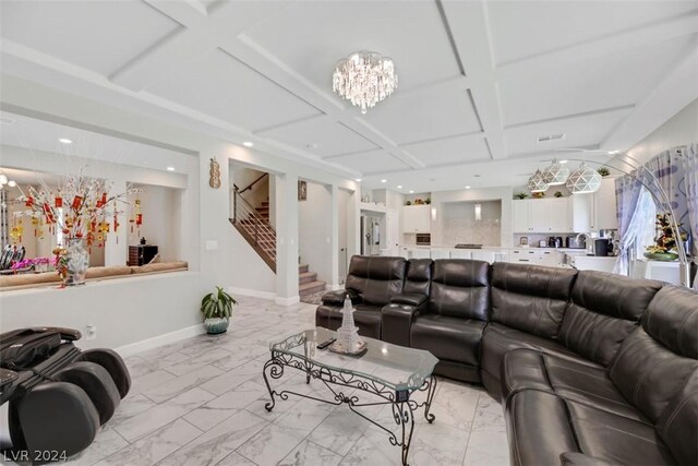 8373 Bartholomew Park Ct, Las Vegas, NV 89139 - living area featuring stairs, marble finish floor, recessed lighting, coffered ceiling, and baseboards