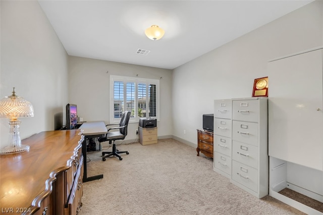 home office featuring light carpet