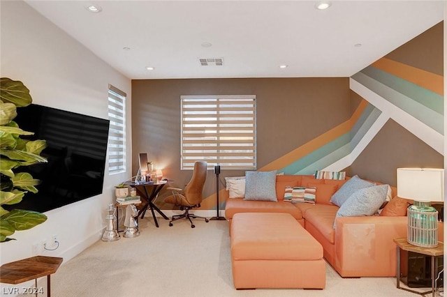 living room with light colored carpet