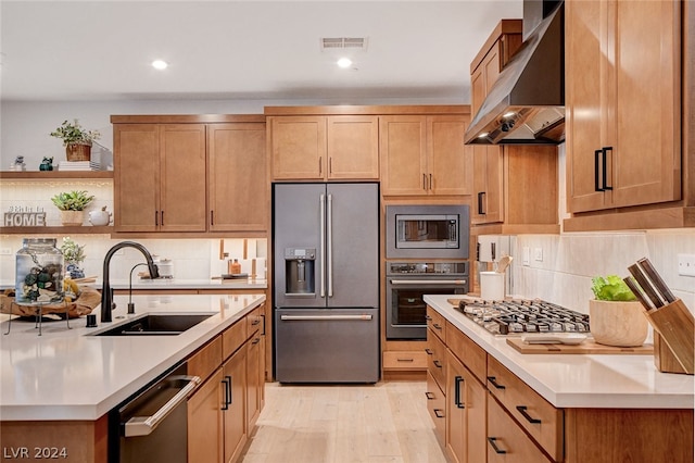 kitchen featuring light hardwood / wood-style floors, tasteful backsplash, wall chimney exhaust hood, sink, and appliances with stainless steel finishes