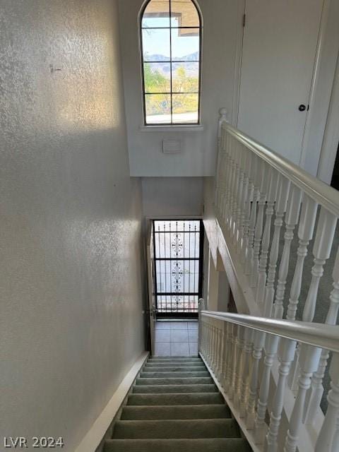 stairway featuring a towering ceiling