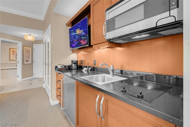 kitchen featuring ornamental molding, appliances with stainless steel finishes, and sink