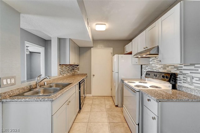 kitchen featuring sink, white cabinetry, white electric stove, dishwasher, and decorative backsplash