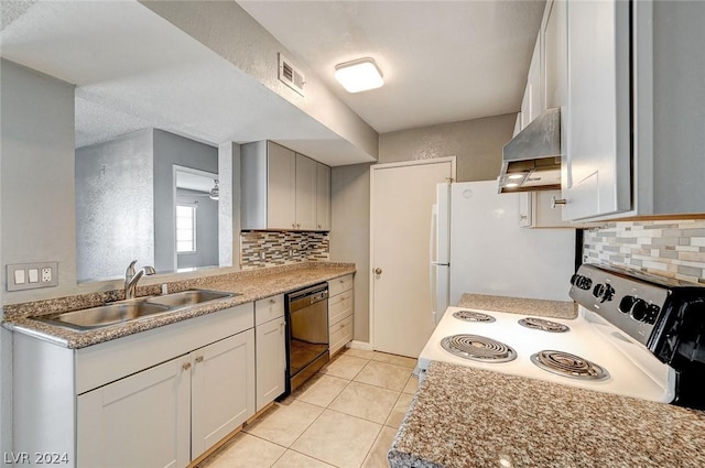 kitchen featuring sink, electric range oven, backsplash, range hood, and black dishwasher