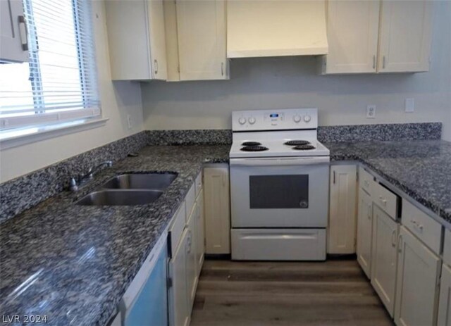 kitchen with white cabinetry, dark wood-type flooring, white electric range oven, sink, and custom exhaust hood