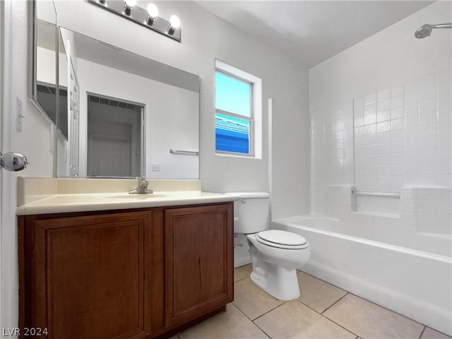 full bathroom with bathing tub / shower combination, toilet, tile patterned floors, and vanity