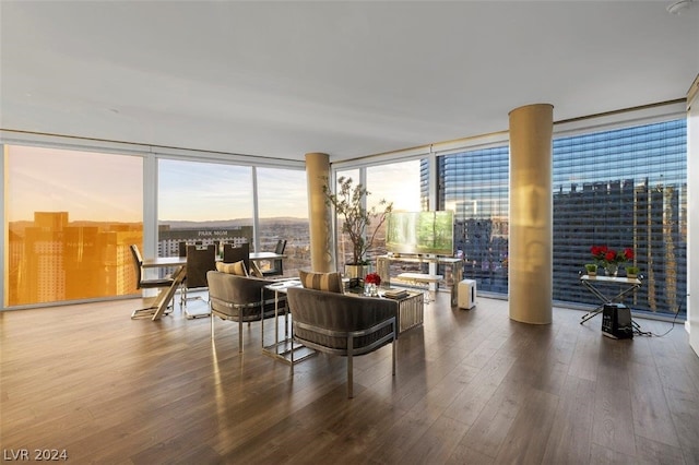 living room with floor to ceiling windows and dark wood-type flooring