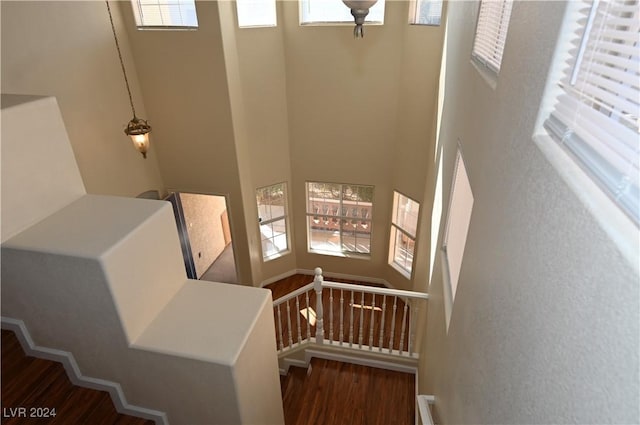 stairway with hardwood / wood-style floors and a high ceiling