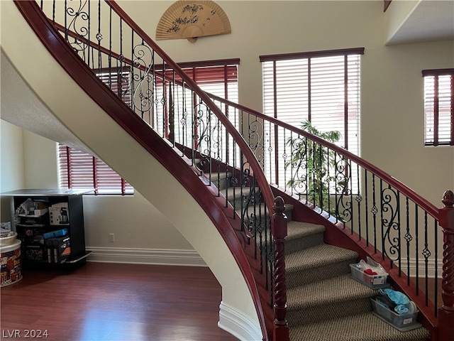 stairway featuring dark hardwood / wood-style floors