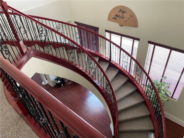 staircase featuring a high ceiling