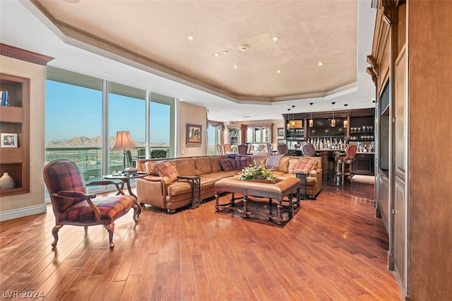 living room featuring a healthy amount of sunlight, a tray ceiling, and hardwood / wood-style flooring