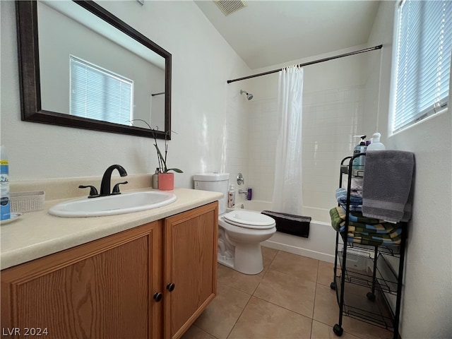 full bathroom featuring vanity, toilet, shower / bathtub combination with curtain, and plenty of natural light