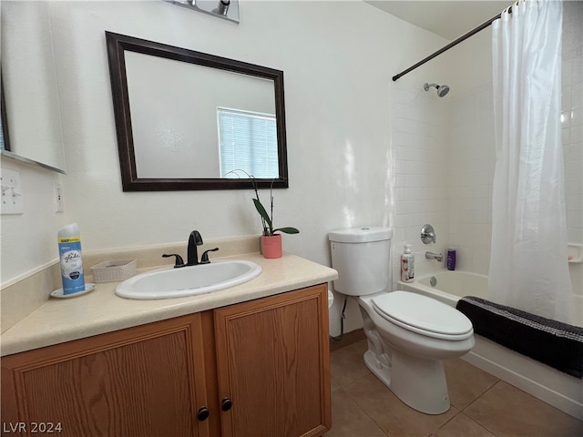 full bathroom with tile patterned floors, vanity, shower / bathtub combination with curtain, and toilet