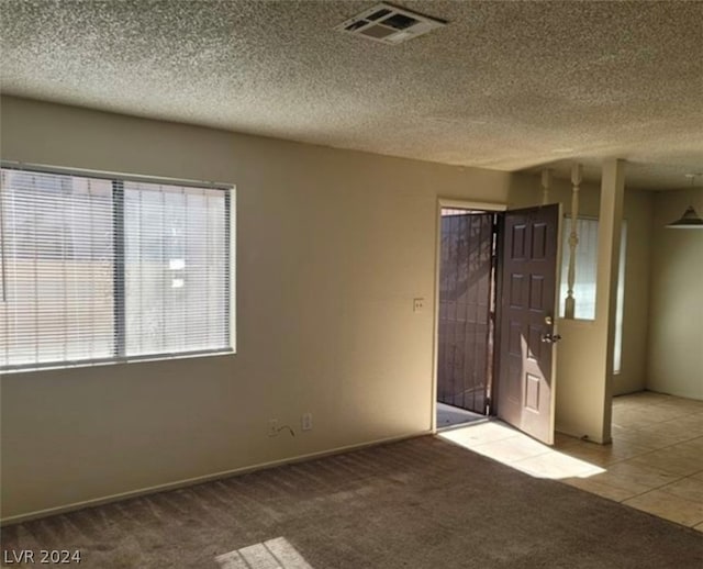 empty room featuring a wealth of natural light, a textured ceiling, and carpet floors