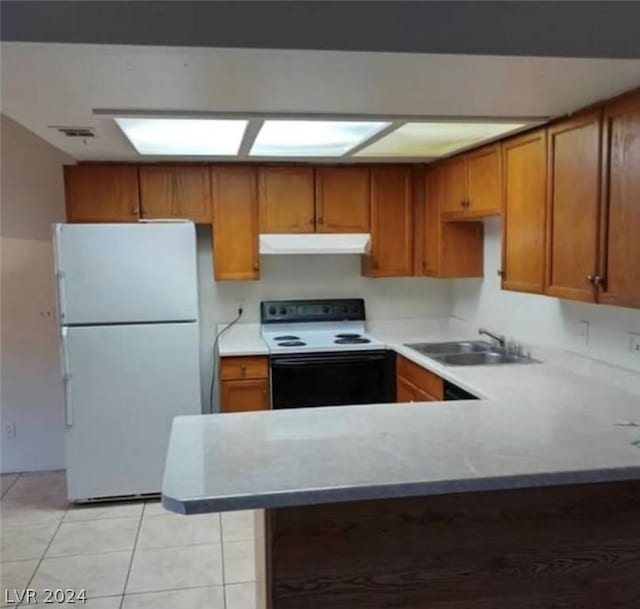 4300 N Lamont St Unit 232, Las Vegas, NV 89115 - kitchen featuring white fridge, light tile patterned floors, kitchen peninsula, electric range oven, and sink