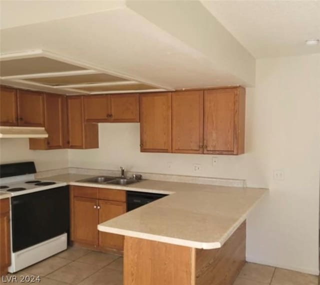 4300 N Lamont St Unit 232, Las Vegas, NV 89115 - kitchen with light tile patterned floors, kitchen peninsula, range with electric cooktop, dishwasher, and sink