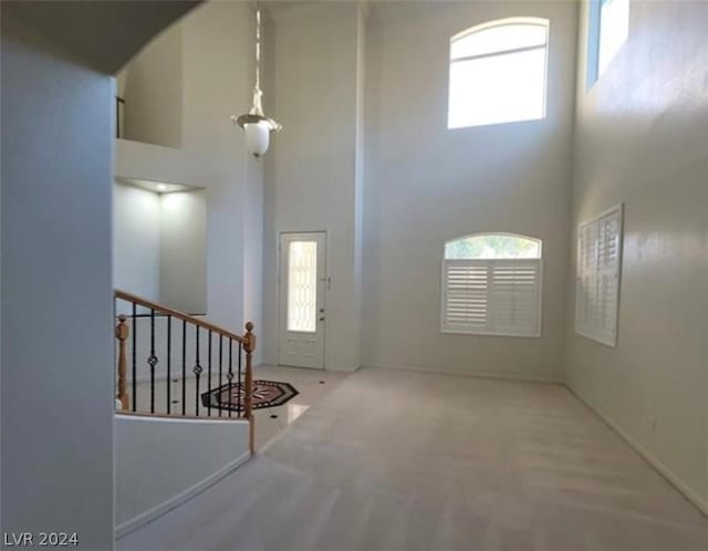 foyer entrance featuring a healthy amount of sunlight, carpet, and a high ceiling