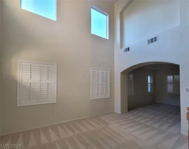 carpeted entrance foyer with a high ceiling