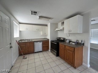 kitchen with electric stove, light tile patterned floors, sink, white cabinetry, and white dishwasher