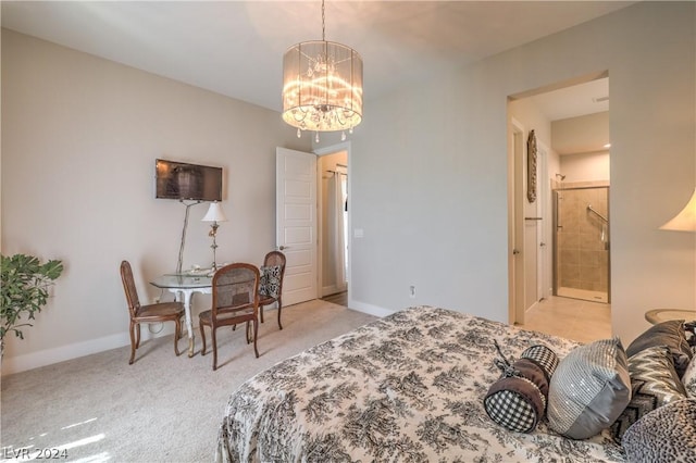 carpeted bedroom with an inviting chandelier