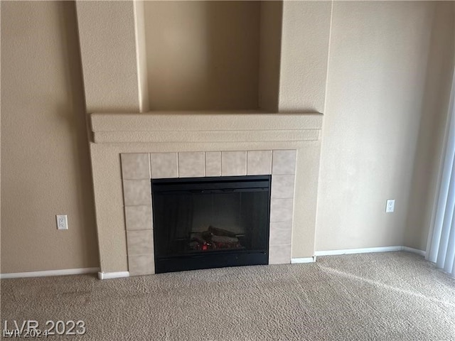 details featuring carpet and a fireplace