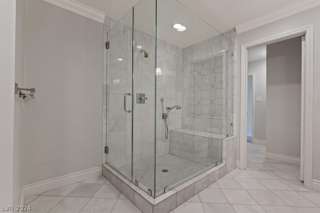 bathroom featuring tile patterned floors, walk in shower, and ornamental molding