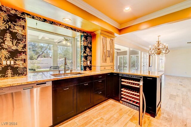 bar with stainless steel dishwasher, sink, light stone counters, crown molding, and wine cooler