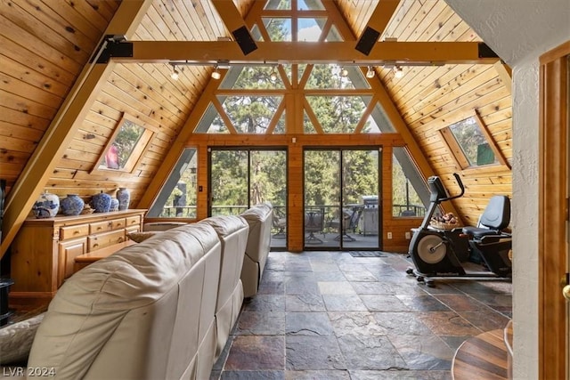 living room featuring wooden walls, wooden ceiling, and vaulted ceiling with skylight