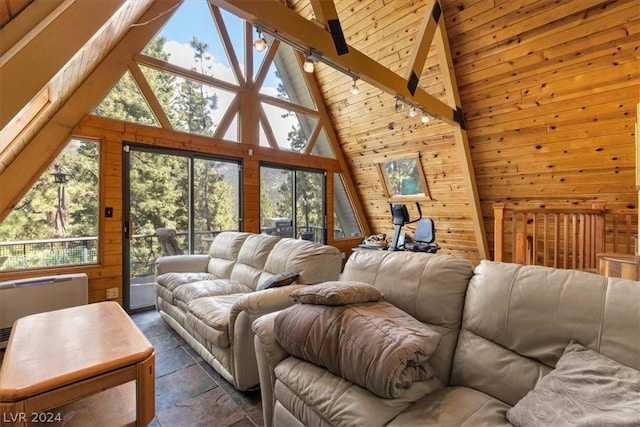 living room with wooden ceiling, track lighting, high vaulted ceiling, wooden walls, and beam ceiling