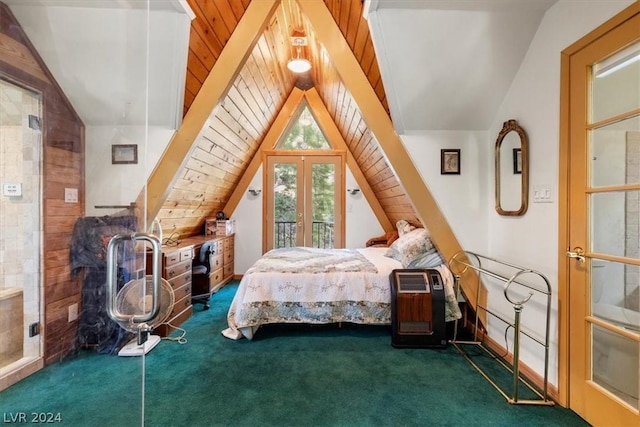 carpeted bedroom with lofted ceiling