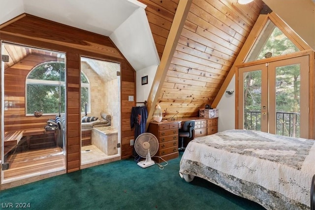 bedroom with wood ceiling, access to exterior, vaulted ceiling, dark carpet, and wooden walls