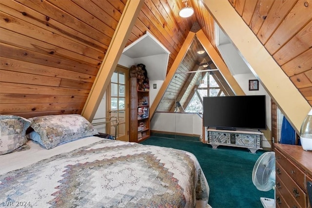 carpeted bedroom featuring lofted ceiling, wood walls, and wood ceiling