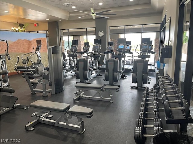 workout area featuring ceiling fan and a paneled ceiling