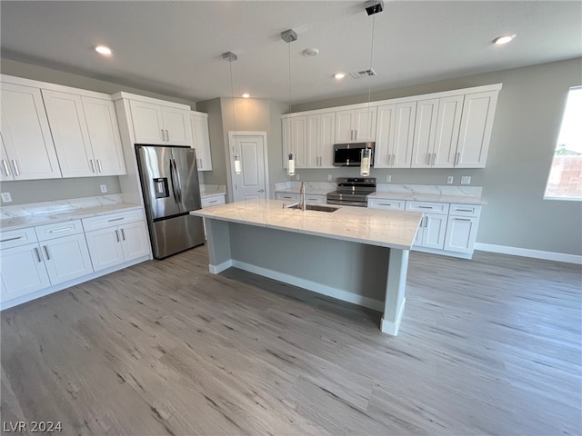 kitchen with appliances with stainless steel finishes, hanging light fixtures, and light hardwood / wood-style floors