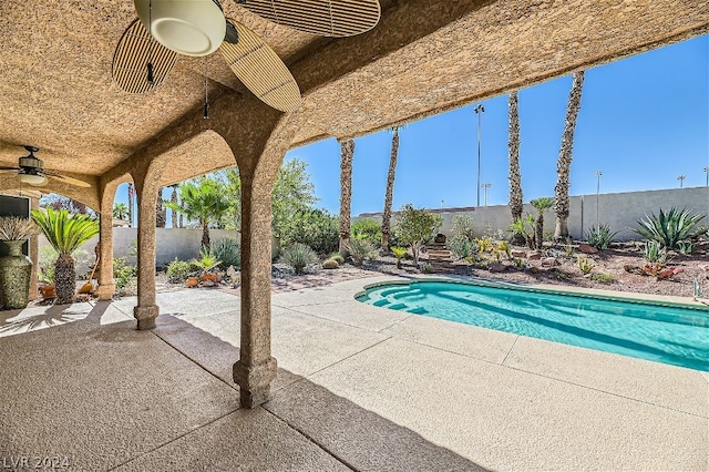 view of swimming pool with a patio and ceiling fan