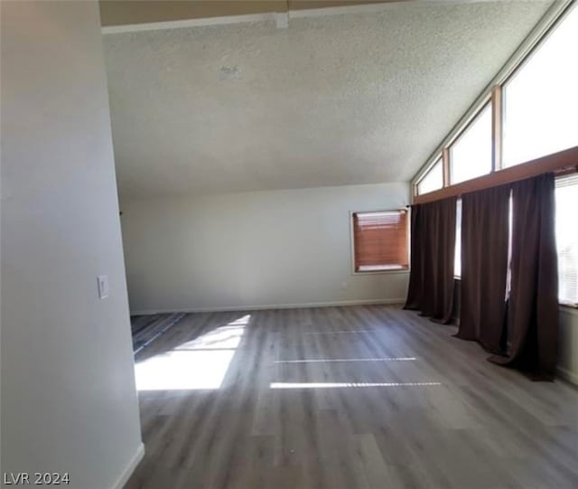 additional living space featuring hardwood / wood-style floors, a textured ceiling, and lofted ceiling