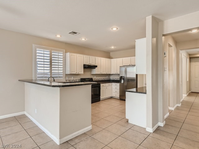 kitchen featuring stainless steel fridge with ice dispenser, electric range, light tile flooring, and kitchen peninsula