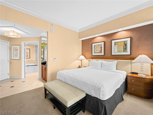 bedroom featuring ensuite bathroom, crown molding, and light tile patterned floors