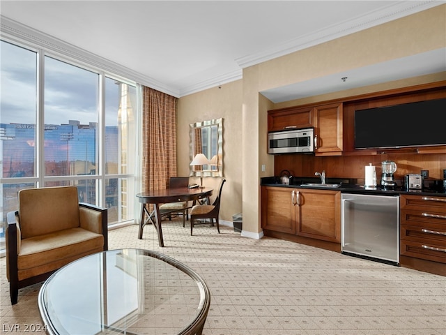 kitchen featuring ornamental molding, stainless steel appliances, sink, and plenty of natural light