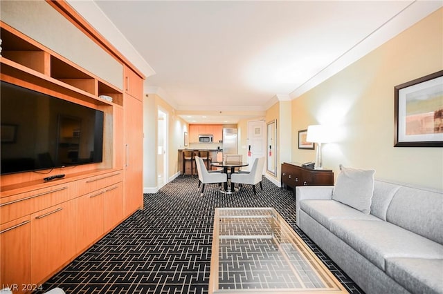 carpeted living room featuring ornamental molding