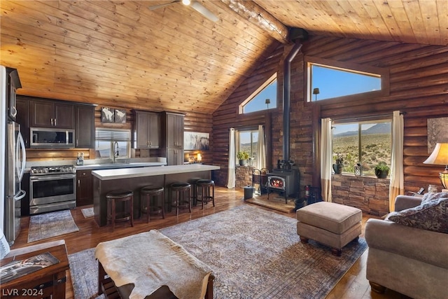 living room featuring a wood stove, dark hardwood / wood-style flooring, log walls, high vaulted ceiling, and sink