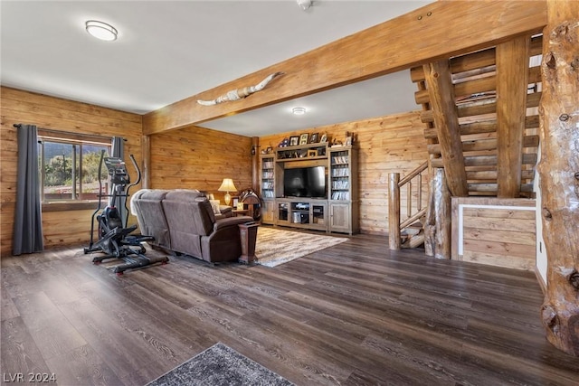 unfurnished living room with dark hardwood / wood-style floors, beamed ceiling, and wood walls